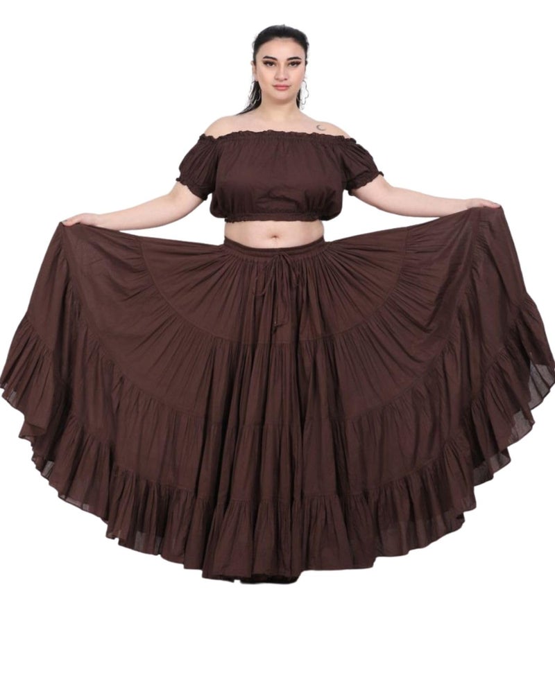 WevezÂ® Women's Plus Size Gypsy 25 Yard Long Flowy Solid Color Renaissance fair Skirt, Coffee - Image 1